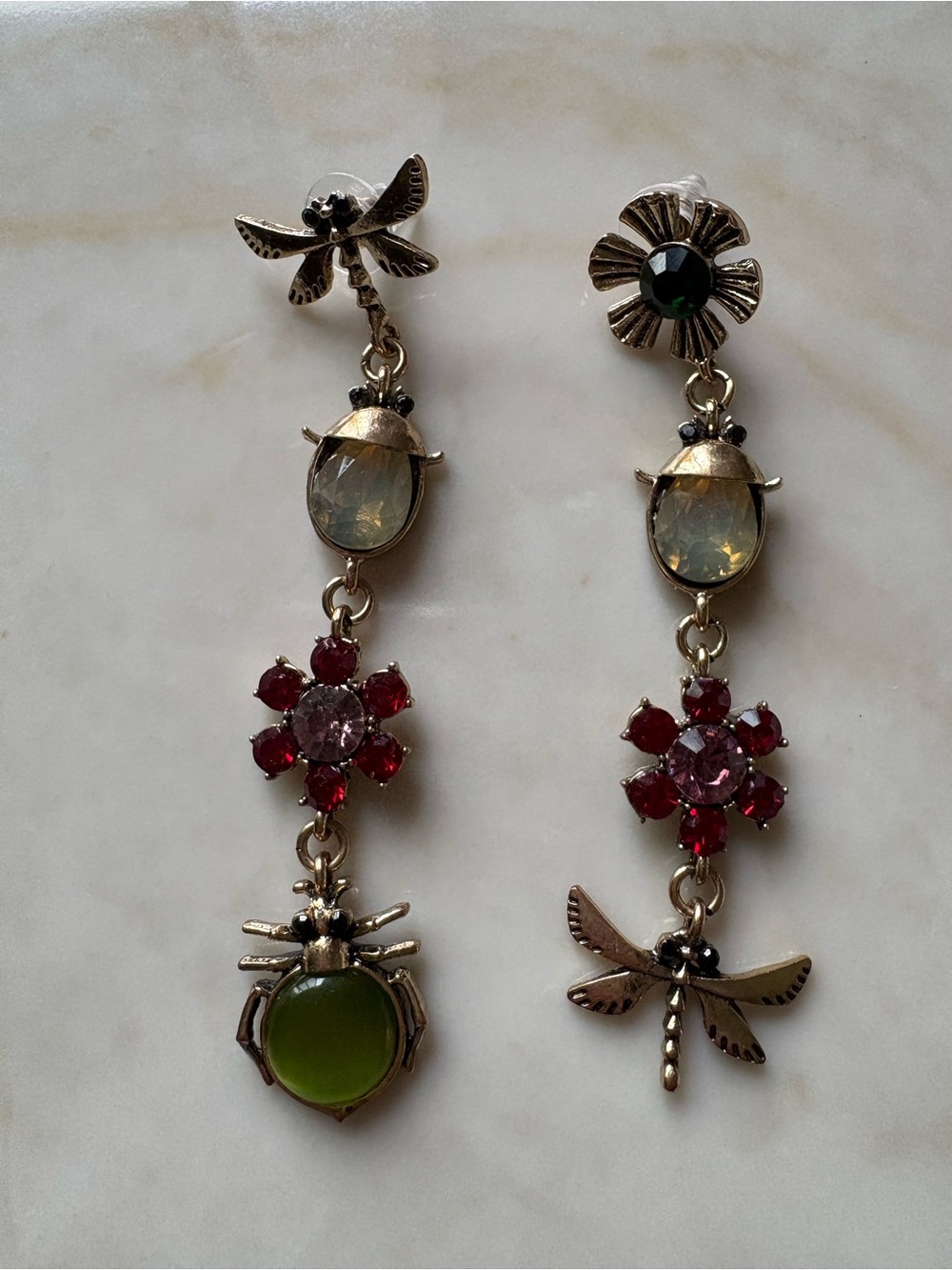 Vintage inspired Floral Dragonfly Drop Earrings with Green and Red Accents